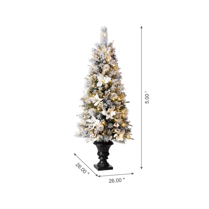 5ft Pre-Lit Pine Artificial Christmas Porch Tree with 150 Warm White Lights and Poinsettias