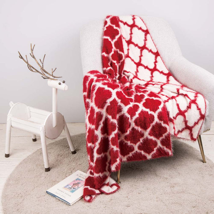 60"L*50"W Reversible Knitted Nylon Eyelash Yarn Red/White Throw Blanket 1250g