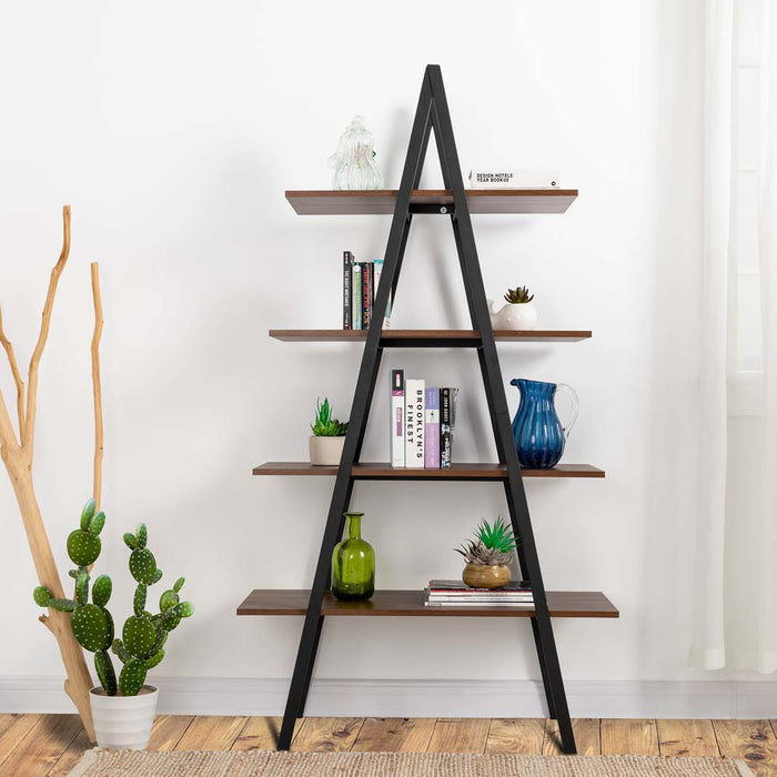 64.57"H Brown Metal/Wooden 4-Tier Bookcases and Ladder Shelf