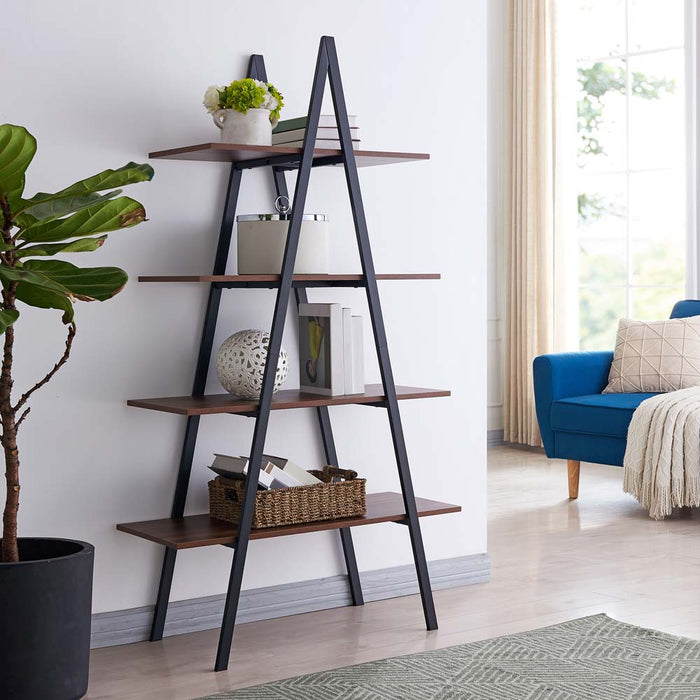 64.57"H Brown Metal/Wooden 4-Tier Bookcases and Ladder Shelf