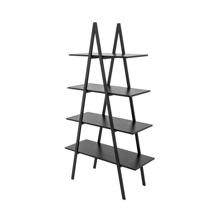64.5"H Modern Industrial Black Oak Melamine 4-Tier Leaning Bookcases & Ladder Shelves