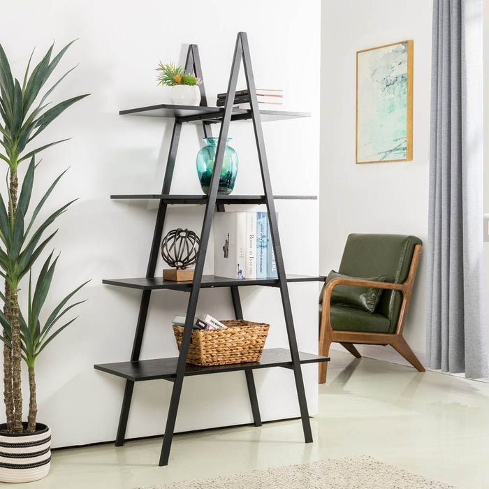 64.5"H Modern Industrial Black Oak Melamine 4-Tier Leaning Bookcases & Ladder Shelves