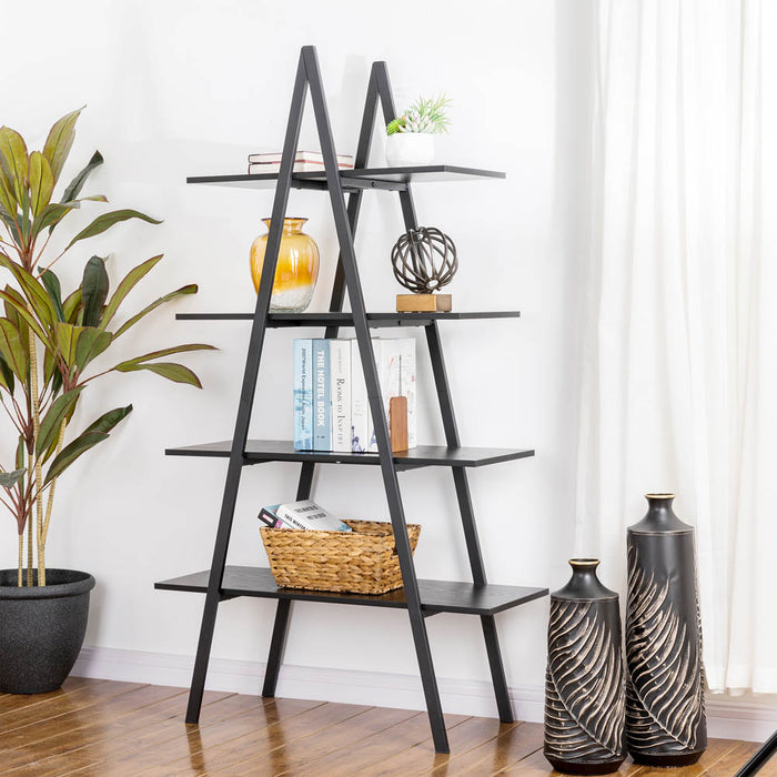 64.5"H Modern Industrial Black Oak Melamine 4-Tier Leaning Bookcases & Ladder Shelves