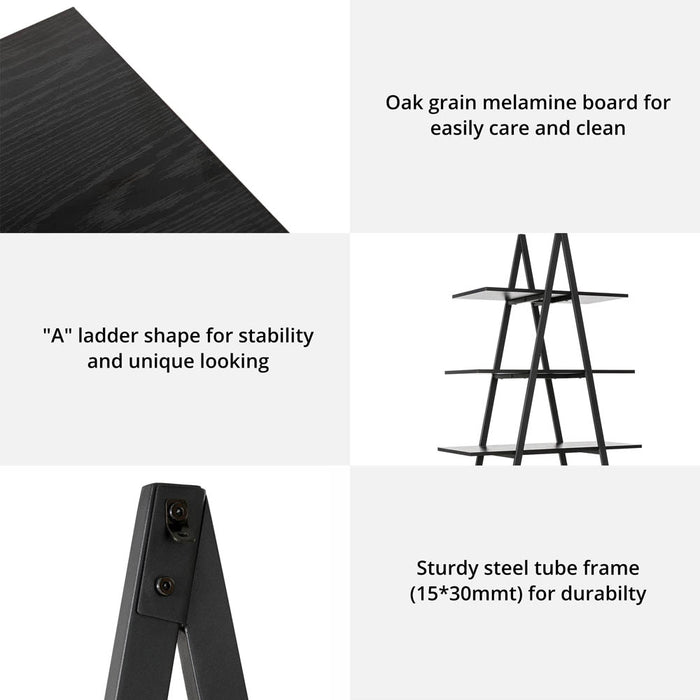 64.5"H Modern Industrial Black Oak Melamine 4-Tier Leaning Bookcases & Ladder Shelves