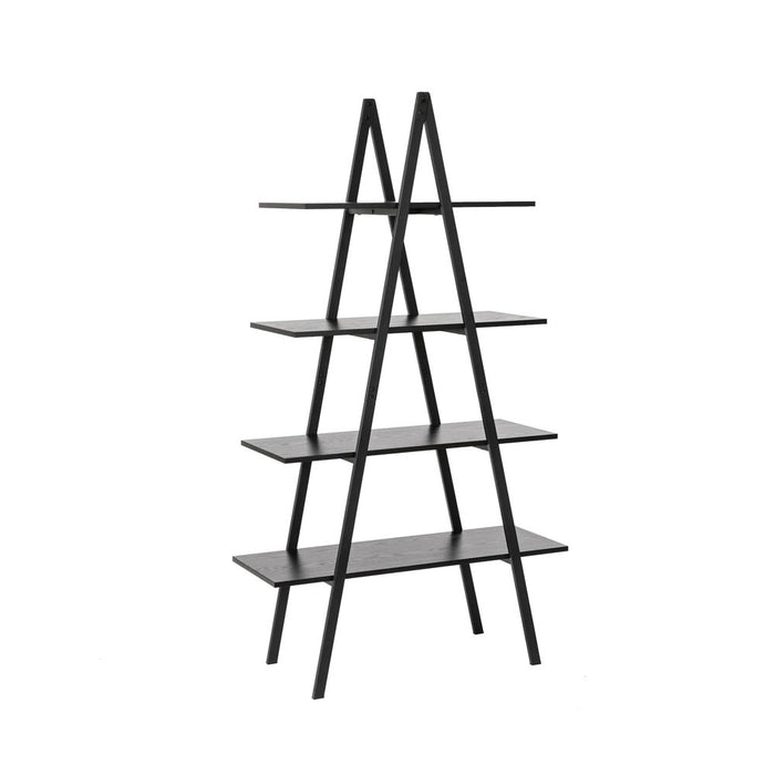 64.5"H Modern Industrial Black Oak Melamine 4-Tier Leaning Bookcases & Ladder Shelves