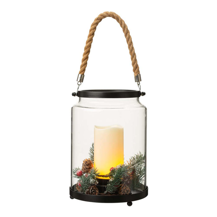 8.5"H Christmas Greenery Glass Lantern