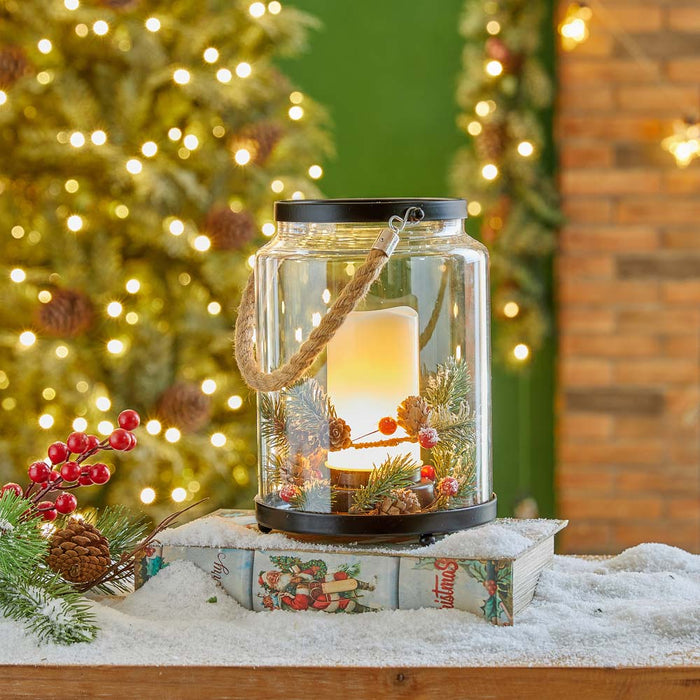 8.5"H Christmas Greenery Glass Lantern