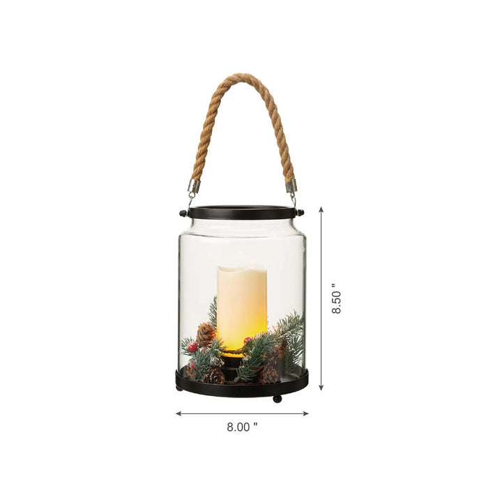 8.5"H Christmas Greenery Glass Lantern