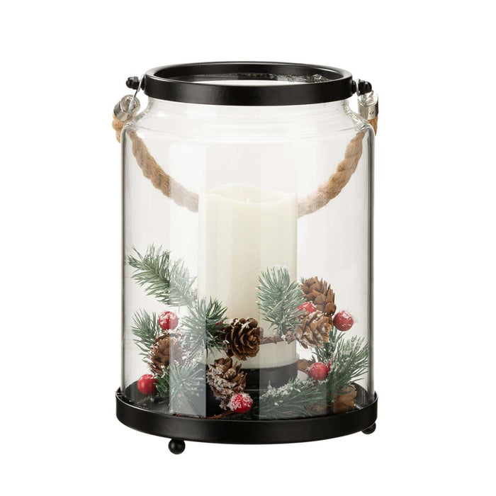 8.5"H Christmas Greenery Glass Lantern