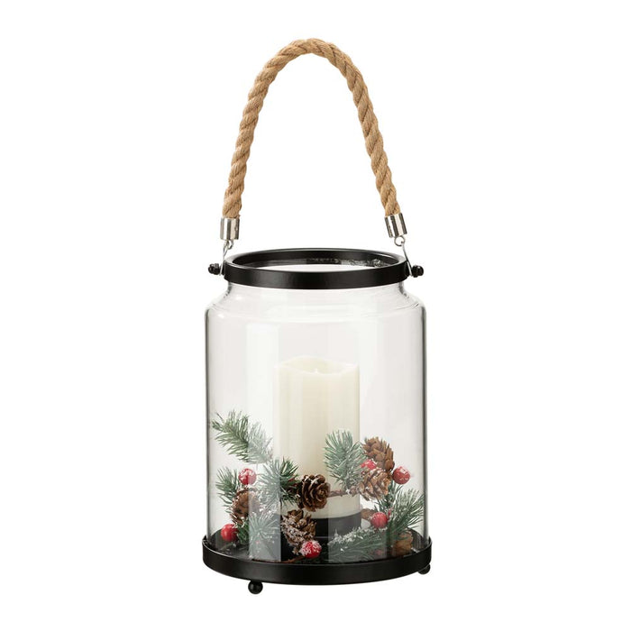 8.5"H Christmas Greenery Glass Lantern