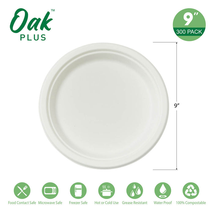 9 inch White Compostable & Disposable Sugarcane Plates, 300 Pack