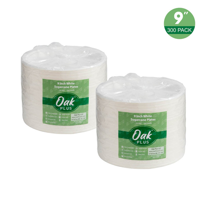 9 inch White Compostable & Disposable Sugarcane Plates, 300 Pack