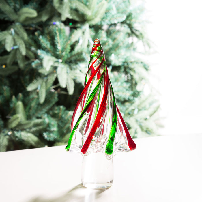 9.8"H Red/Green Striped Table Decor Glass Christmas Tree