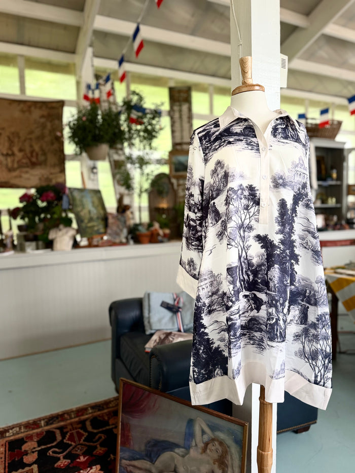 French Countryside Toile Shirt Dress - Long Sleeves Loose Printed Lapel Mini Dresses