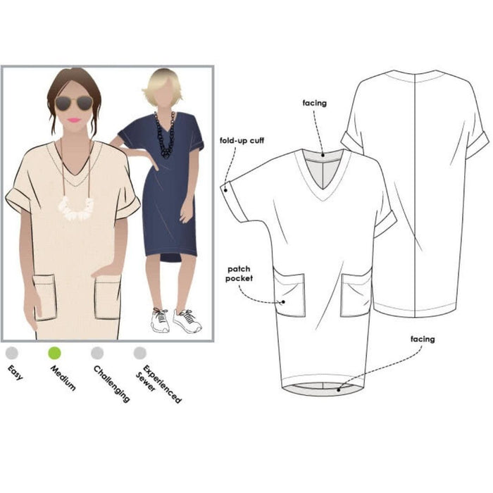 Sewing pattern of the Adeline Dress showcasing a model wearing the finished dress with a slight cocoon shape and roll-up sleeves, accompanied by technical drawings highlighting the fold-up cuff, patch pocket, and facings.