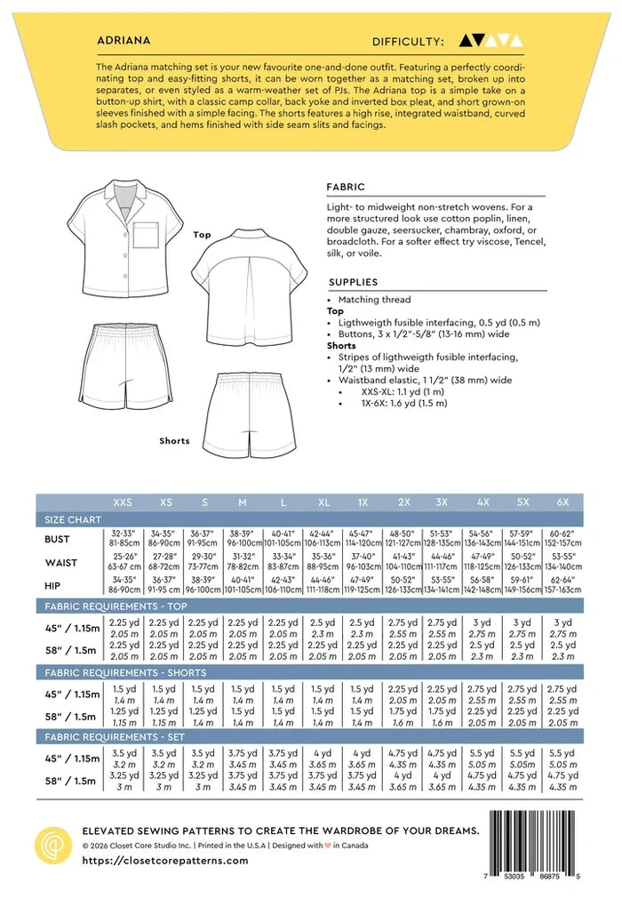 A sewing pattern cover page for Adriana's 'The Alhambra Matching Set' featuring a line drawing of a matching three-piece set, fabric descriptions, sizing tables, and sewing measurements.