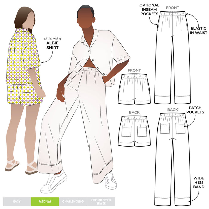 bie Woven Pant and Short Multi-Size Sewing Pattern Technical drawings and model illustration of Albie Woven Pant and Short sewing pattern, highlighting elastic waist, straight wide leg, and optional pockets in front and back views.