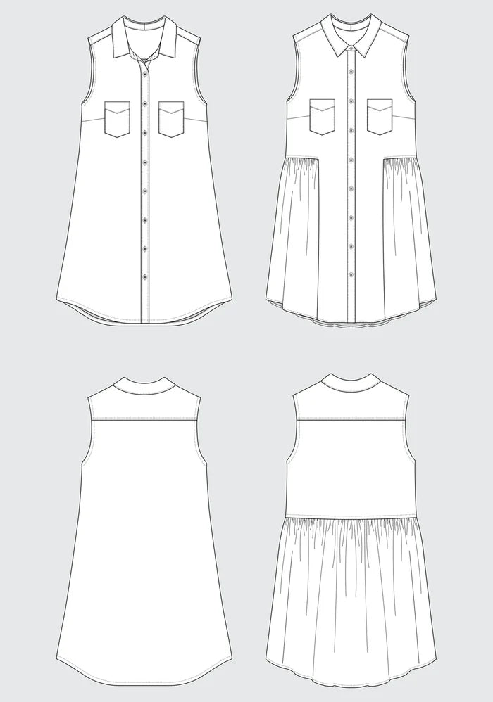 Loosely fitted Alder Shirtdress sewing pattern with A-Line and gathered skirt options, designed by Grainline Studio.