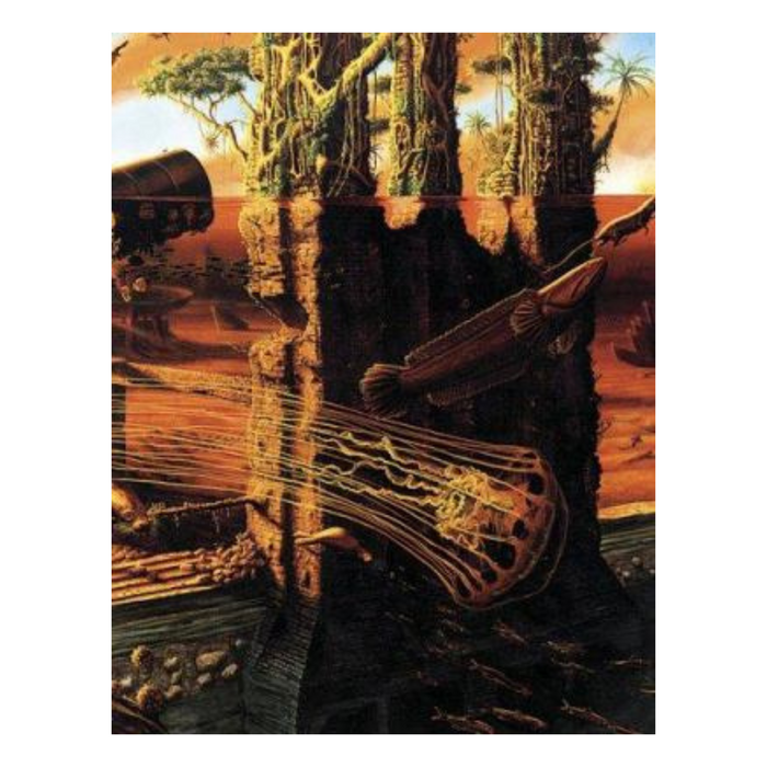 Cover of the book 'Manifest Destiny' by Alexis Rockman, featuring a stylized illustration of a futuristic cityscape with elements resembling trees and a floating oil drum, predominantly in brown tones.