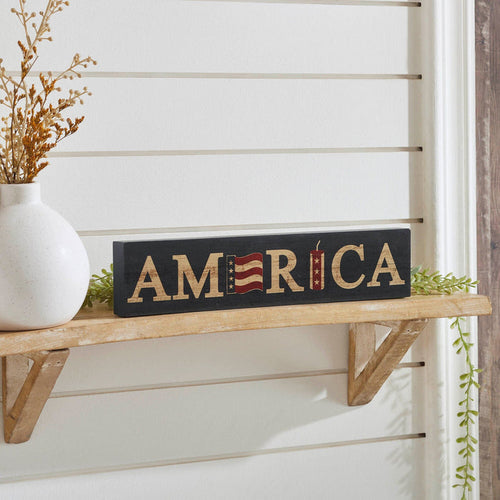 "America" Flag and Firecracker Wood Sign - 3x14" - Primitive Star Quilt Shop