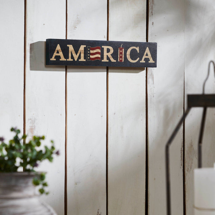 "America" Flag and Firecracker Wood Sign - 3x14" - Primitive Star Quilt Shop