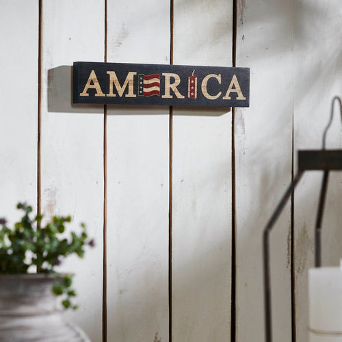 "America" Flag and Firecracker Wood Sign - 3x14" - Primitive Star Quilt Shop