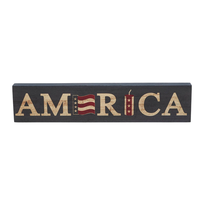 "America" Flag and Firecracker Wood Sign - 3x14" - Primitive Star Quilt Shop