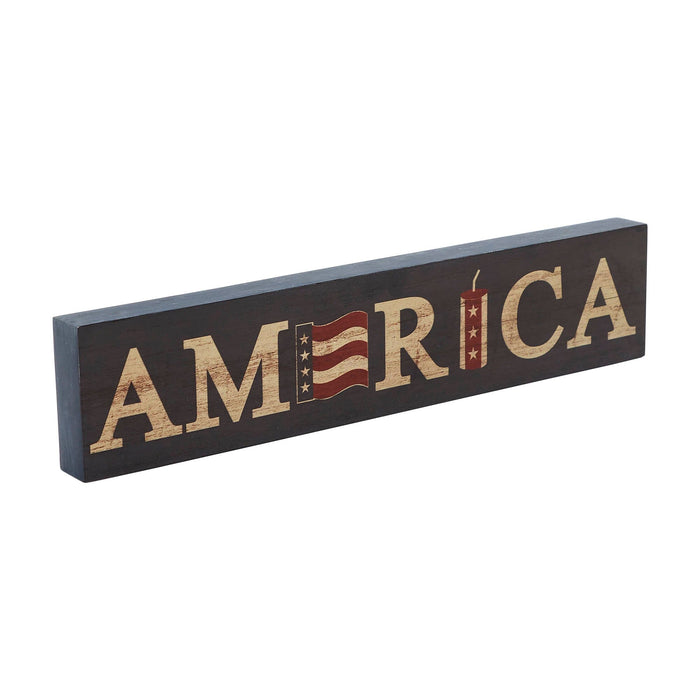 "America" Flag and Firecracker Wood Sign - 3x14" - Primitive Star Quilt Shop