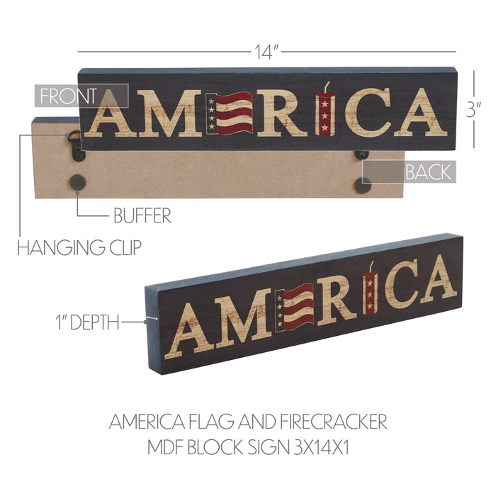 "America" Flag and Firecracker Wood Sign - 3x14" - Primitive Star Quilt Shop