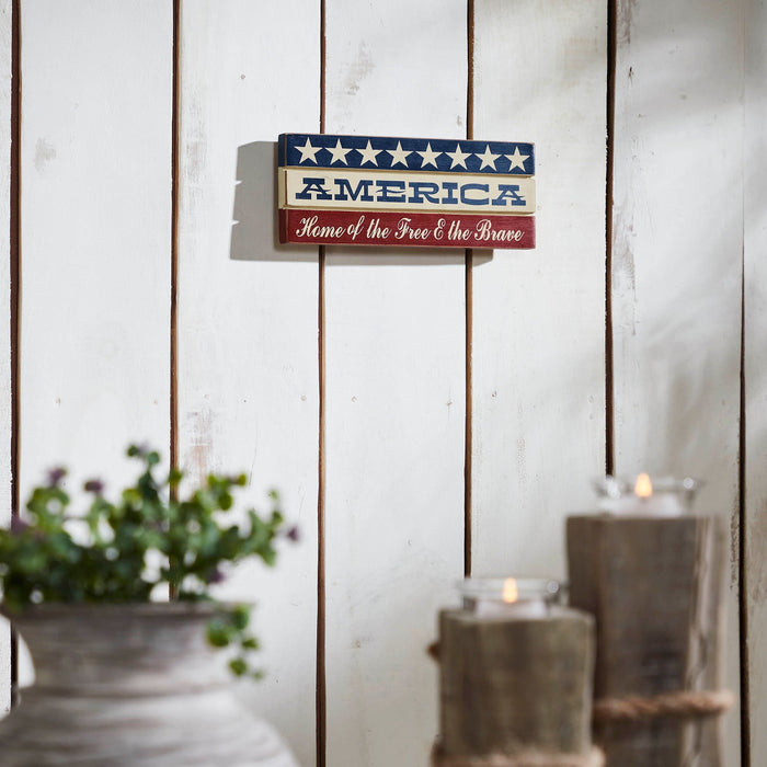 “America: Home of the Free and the Brave” Wood Sign - 3.5x9" - Primitive Star Quilt Shop