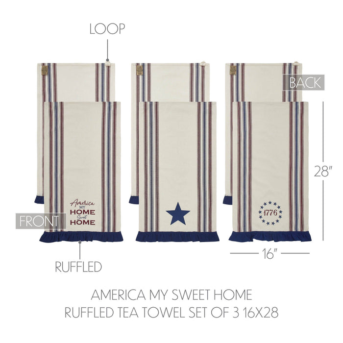 "America: My Sweet Home" Ruffled Tea Towels - Set of 3 - Primitive Star Quilt Shop