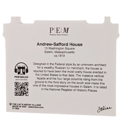 Decorative wood block of the Andrew-Safford House with informative text on the reverse.