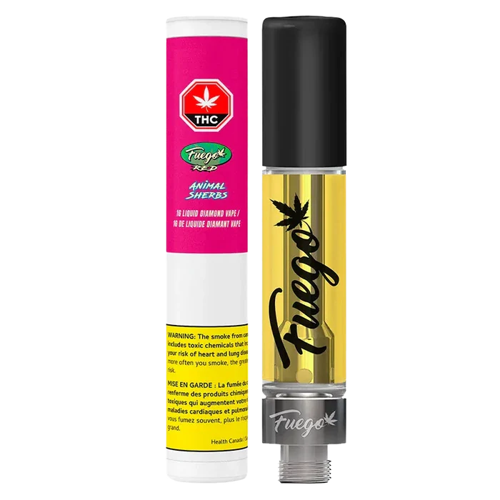 Straight-on product shot of the Animal Sherbs Liquid Diamond Vape Cartridge showing the clear 1 g cartridge filled with golden oil and black cap beside its pink-and-white branded tube.