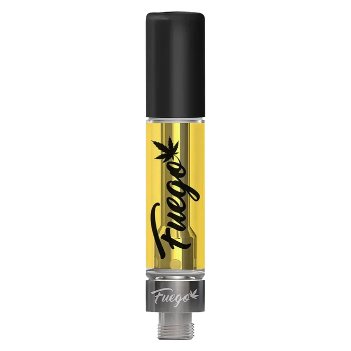 Center-aligned studio shot of an upright Animal Sherbs Liquid Diamond Vape Cartridge showing golden oil, black cap, and Fuego script on the tank.