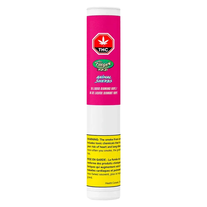 Tall front-facing tube packaging of Animal Sherbs Liquid Diamond Vape Cartridge with a pink label, THC symbol at top and a yellow warning block near the base
