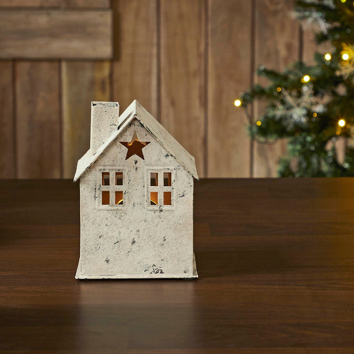 Antique Creme Metal Tealight Village House with Star - 6.75" - Primitive Star Quilt Shop