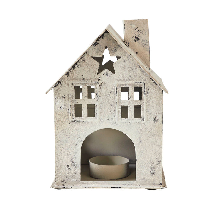 Antique Creme Metal Tealight Village House with Star - 6.75" - Primitive Star Quilt Shop