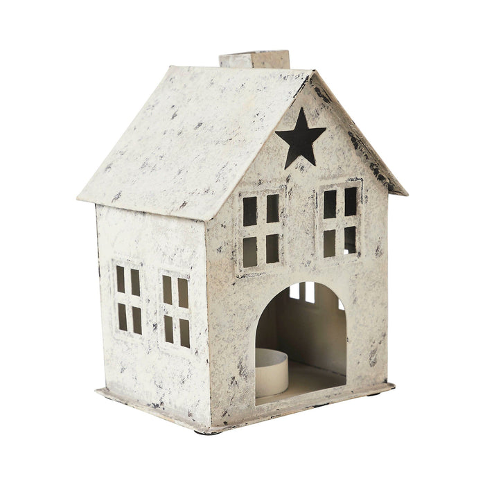 Antique Creme Metal Tealight Village House with Star - 6.75" - Primitive Star Quilt Shop