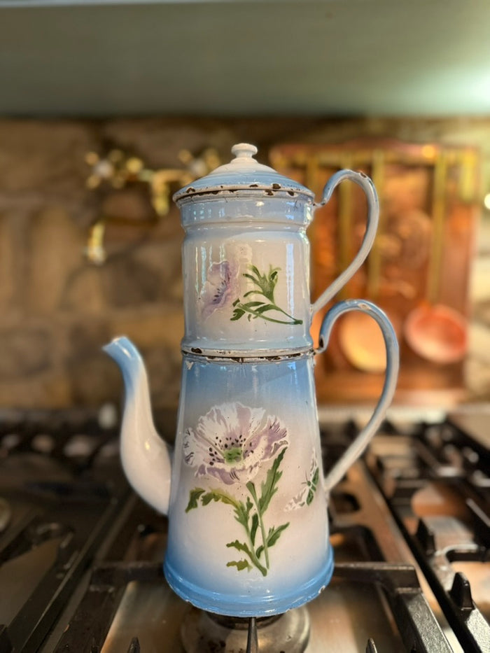 Antique French Enamel Drip Coffee Pot | Hand-Painted Blue & White Floral Cafetière à Filtre