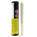 Vertical product shot of Apples & Bananas PR 5 x 0.5 g showing the black cylindrical tube with warning labels beside a close-up of the rolled joint.