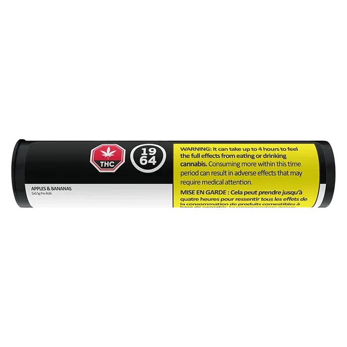 Horizontal product shot of the Apples & Bananas PR 5 x 0.5 g tube on a white background, showing black packaging with a red THC icon and a yellow warning panel.