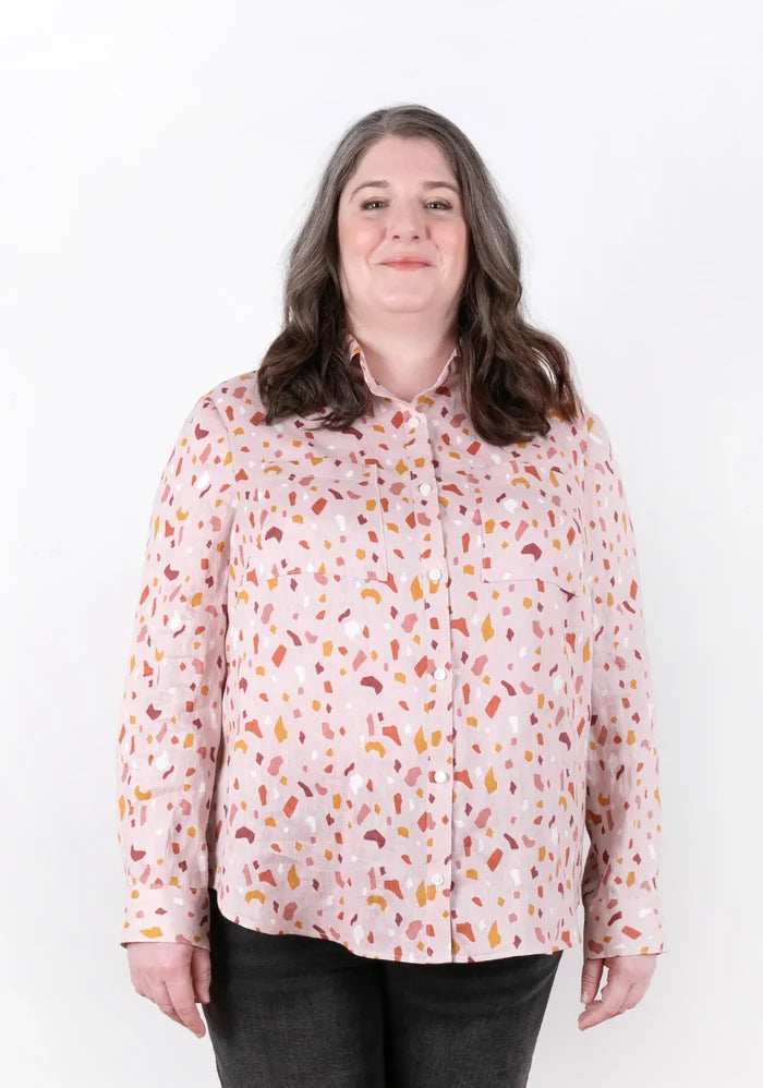Grainline Studio Archer Button-Up Shirt sewing pattern with box pleat and angled cuffs for View A, and gathered back with straight cuffs for View B