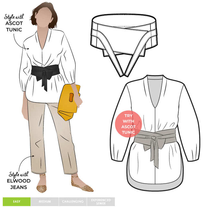 Ascot Belt Sewing Pattern - Obi-inspired belt worn over a dress, perfect for stylish outfits