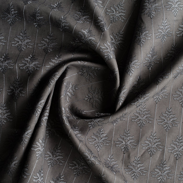 Ash Fern embroidered linen fabric – lightweight dark grey 100% linen with fern motif embroidery