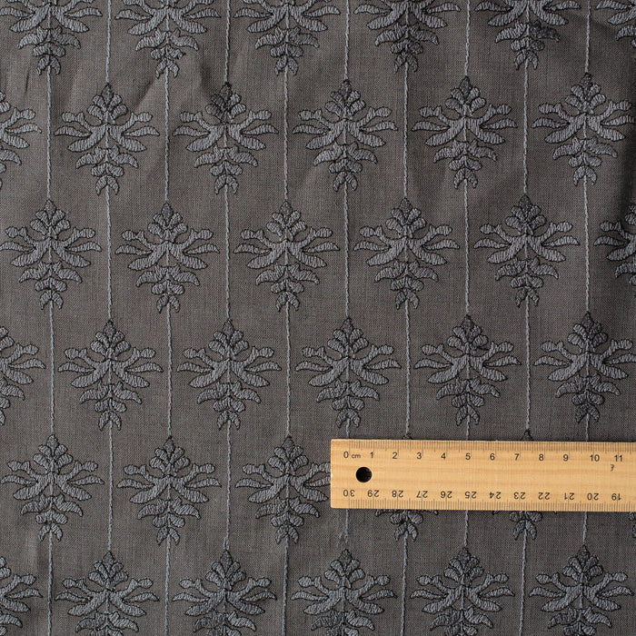 Ash Fern embroidered linen fabric – lightweight dark grey 100% linen with fern motif embroidery