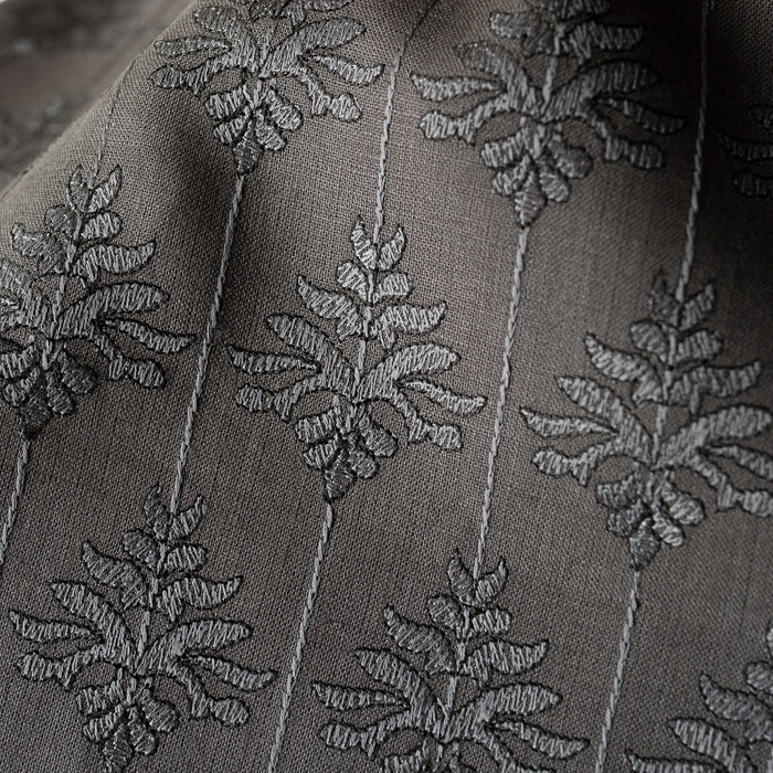 Ash Fern embroidered linen fabric – lightweight dark grey 100% linen with fern motif embroidery