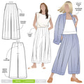 Atlas Woven Pant Sewing Pattern - wide leg crop pants with fitted waist, invisible zip, side inseam pockets, twisted pleat detail, and slight dropped crotch.