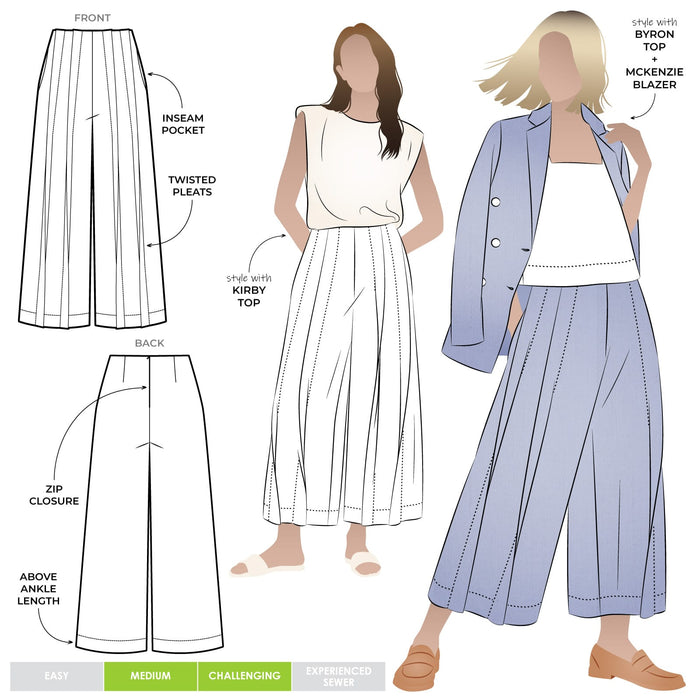 Atlas Woven Pant Sewing Pattern - wide leg crop pants with fitted waist, invisible zip, side inseam pockets, twisted pleat detail, and slight dropped crotch.