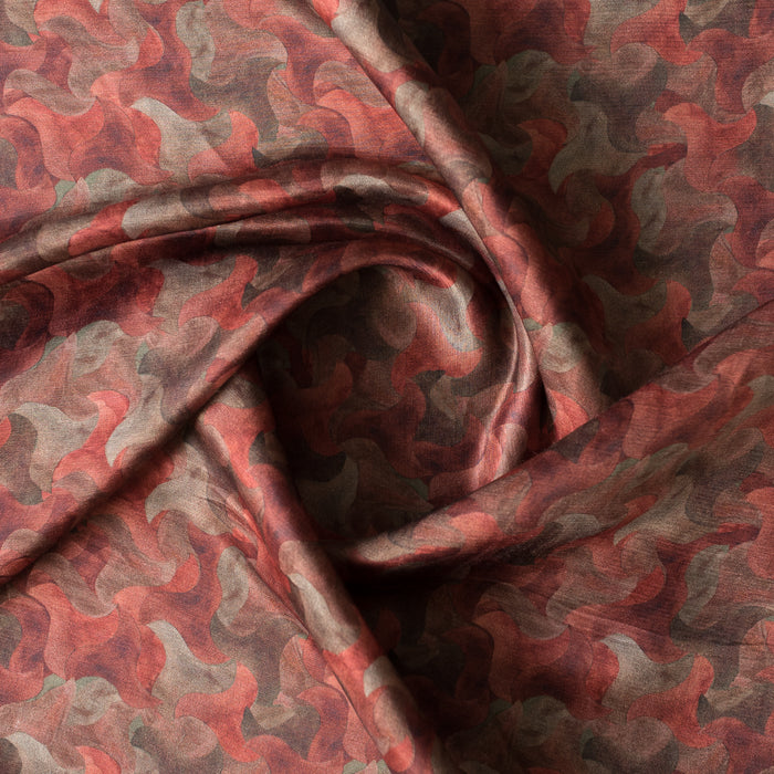 Autumn Silhouette linen–Bemberg fabric with warm abstract swirl print, 130 GSM, silk-like drape.