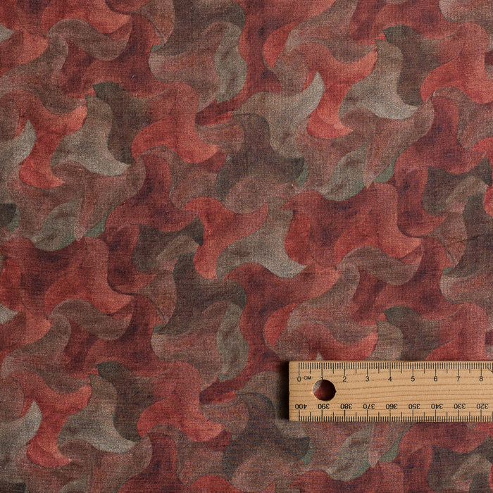 Autumn Silhouette linen–Bemberg fabric with warm abstract swirl print, 130 GSM, silk-like drape.